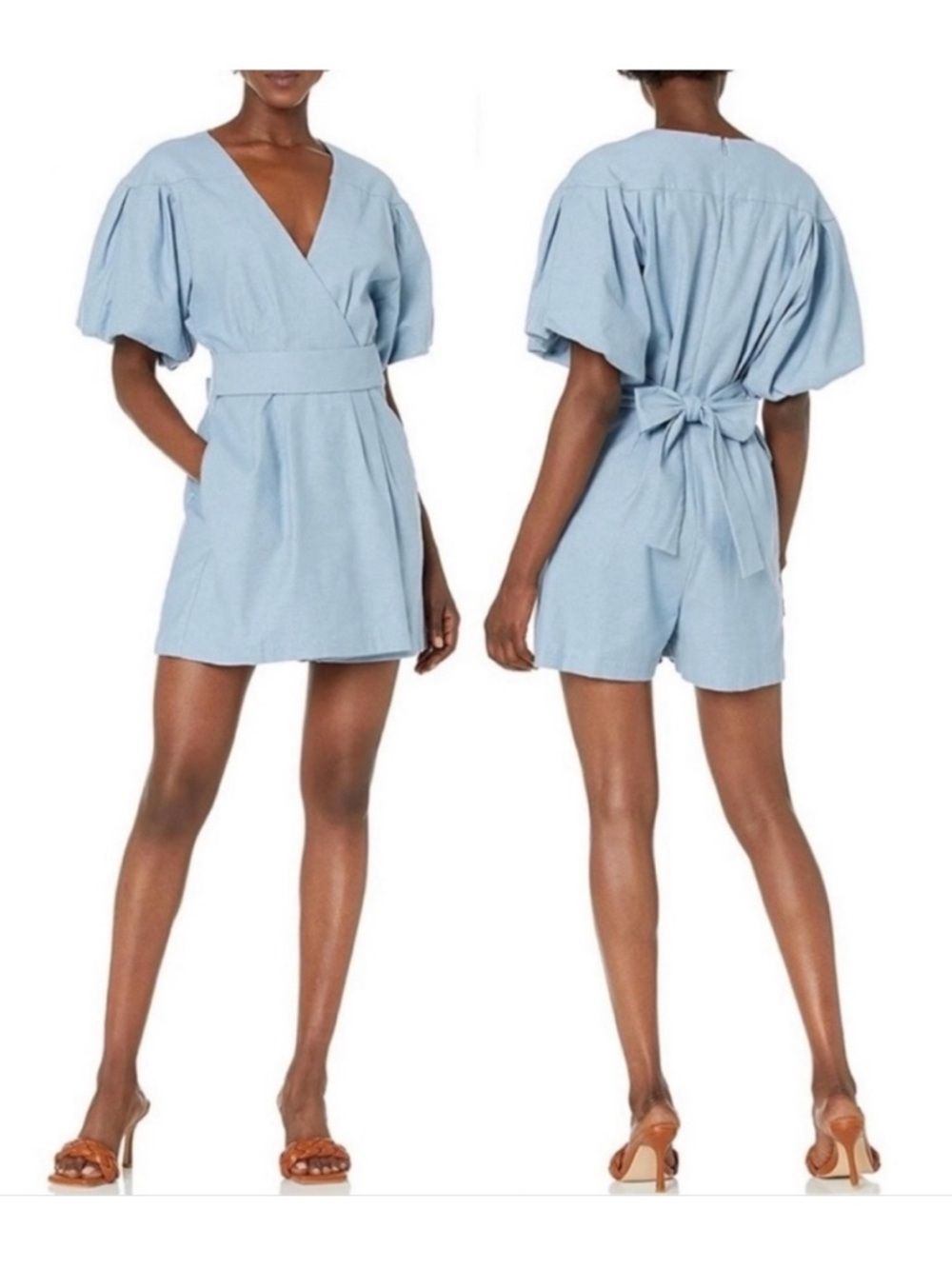 BCBGMaxAzria Light Blue Wrap Dress with Puff Sleeves